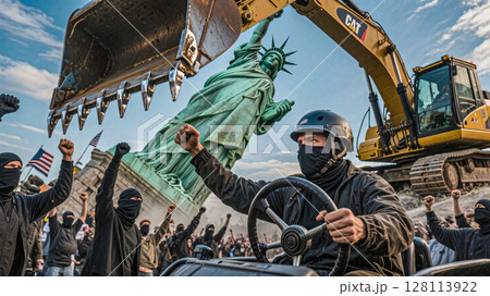 Protest movements in America. A man wearing a helmet and mask operates a bulldozer through a crowded crowd of city protesters. The Statue of Liberty is seen falling in the background. 128113922