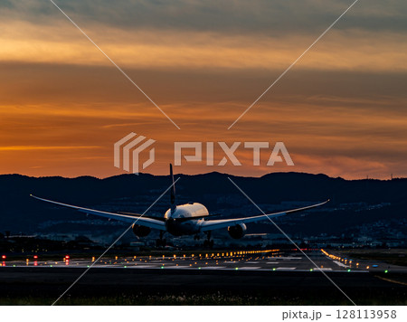ジェット機の黄昏れランディング 128113958