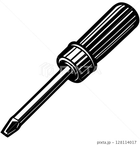 Vintage Hand Tool Illustration of Classic Flat Head Screwdriver in High Contrast Black and White Minimalist Style	 128114017