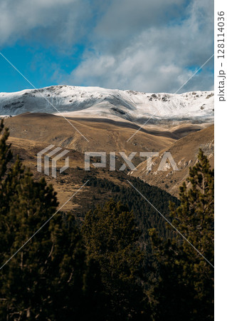 Snow-covered mountain ridges rise above forested valleys under a vibrant blue cloudy sky Snow-covered mountain ridges rise above forested valleys under a vibrant blue cloudy sky 128114036