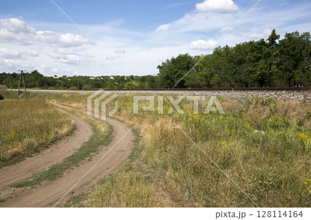 Summer landscape with a railway and a country road 128114164