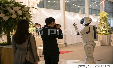 Photographer taking a picture of a white robot with raised hand at an event with decorations around it 128114179