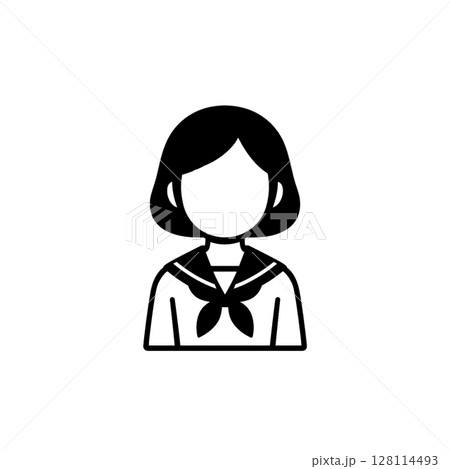 ボブヘアの女子高生の線画アイコン、表情なし、イラスト、素材、資料作り、背景なし 128114493