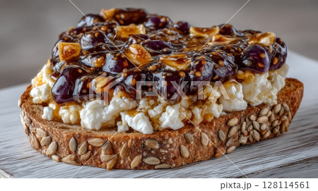 A wooden board on a white background holds canapés or crostini made with toasted baguette, cream cheese, figs, and microgreens, showcasing an Italian recipe 128114561