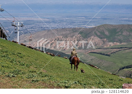 shepherd on horseback grazes a flock of sheep in the mountains. shepherd on horseback grazes a flock of sheep in the mountains. 128114620