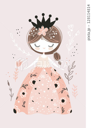 Little girl princess in crown and pink fancy dress, print for nursery, birthday, invitation, cute poster. Flat cartoon illustration, vector. Little girl princess in crown and pink fancy dress, print for nursery, birthday, invitation, cute poster. Flat cartoon illustration, vector. 128114814