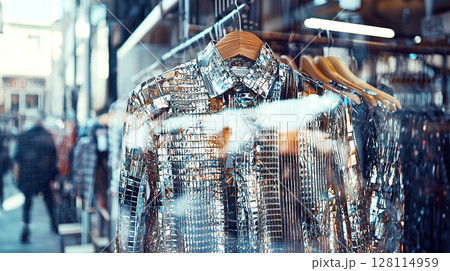 Shiny sequin shirt in fashion boutique display Shiny sequin shirt in fashion boutique display 128114959