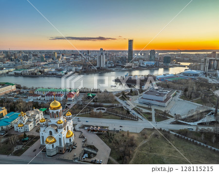Early spring or autumn Yekaterinburg and Temple on Blood in clear sunset. Aerial view of Yekaterinburg, Russia. Translation of the text on the temple: Honest to the Lord is the death of His saints. 128115215
