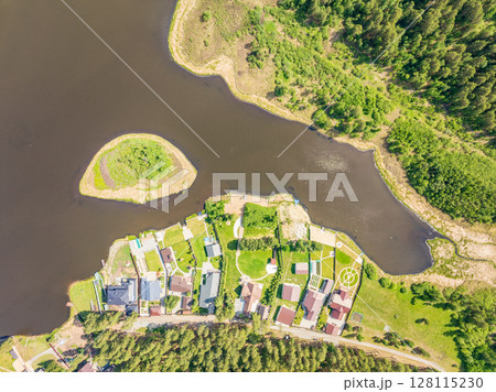Aerial view of lake or river green shore with forest. Summer season. 128115230