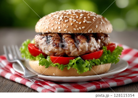 A delicious vegan burger topped with microgreens is presented on a cutting board accompanied by cutlery on a wooden table 128115354