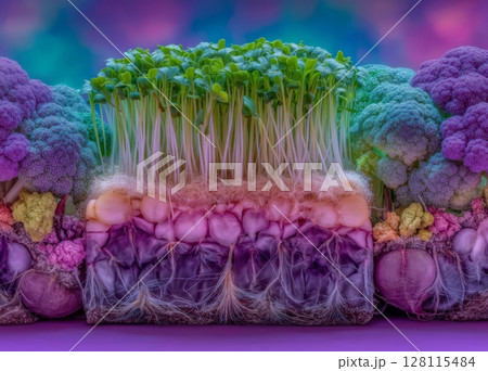 A close-up shot of a beet microgreen, with micro green sprouts thriving in my window garden 128115484