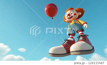 Cartoon clown floats joyfully in clear blue sky held by giant red and white shoes with red balloon and happy expression 128115487