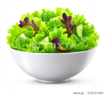 In a ceramic bowl, there is a white bowl filled with an assortment of fresh sorrel leaves, including those with red veins, and micro greens 128115493