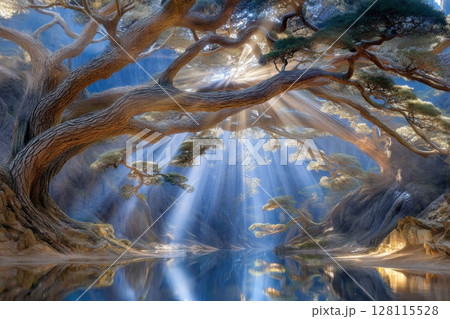 At sunset, two Muskoka chairs rest on a rocky outcropping, looking out over a calm lake, with the sun's rays shining through the trees 128115528