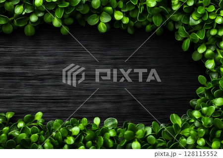 The image highlights fresh microgreens in a pot with selective focus, symbolizing eco and vegan food 128115552