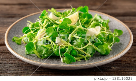 The super salad features microgreens and seeds, representing a key component of vegan food and a healthy diet that incorporates salad made with eco-friendly products The super salad features microgreens and seeds, representing a key component of vegan food and a healthy diet that incorporates salad made with eco-friendly products 128116025