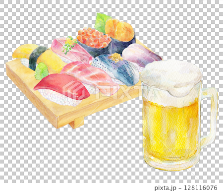 水彩插圖、手繪插圖、壽司店的飲料 128116076