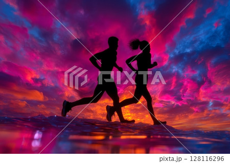 On the road, young couples are enthusiastically sprinting as part of their outdoor fitness regimen, set against the stunning vista of a sunset 128116296