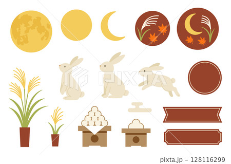 お月見うさぎと秋のイラスト素材セット 赤茶 お月見うさぎと秋のイラスト素材セット 赤茶 128116299