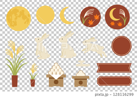 お月見うさぎと秋のイラスト素材セット 赤茶 お月見うさぎと秋のイラスト素材セット 赤茶 128116299