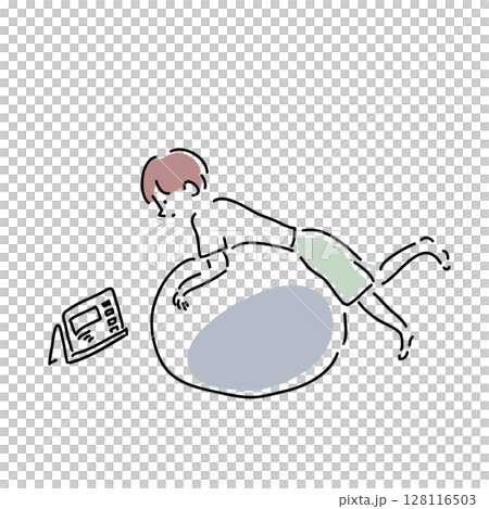 手繪插圖：一個男孩騎平衡球時看著平板電腦 128116503