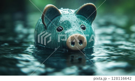 Green piggy bank in the water. 128116642