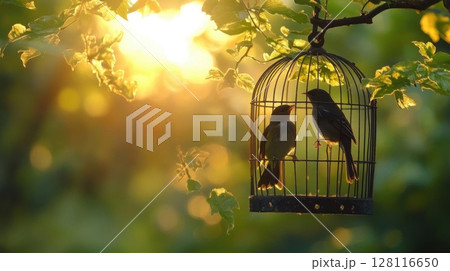 Two birds on a birdcage in the sun at sunset. Forest background. 128116650