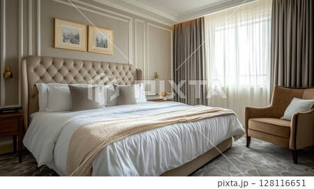 Interior of a hotel bedroom with a double bed. Travel and vacation accomodation. 128116651