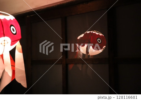 点灯された柳井市の金魚提灯 128116681