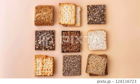 Varieties of flatbread and whole grain toast arranged as background 128116723
