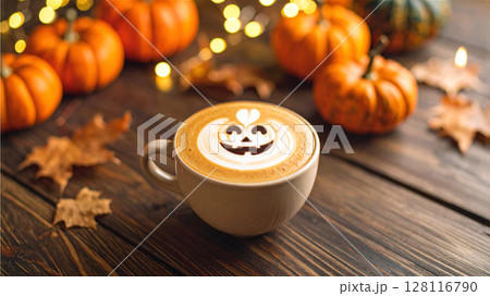 ハロウィン お化けかぼちゃのカフェラテ ハロウィン お化けかぼちゃのカフェラテ 128116790