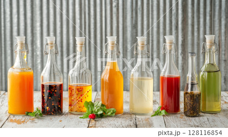Variety glass bottles with homemade hot sauces and vinegar on rustic wooden surface Variety glass bottles with homemade hot sauces and vinegar on rustic wooden surface 128116854