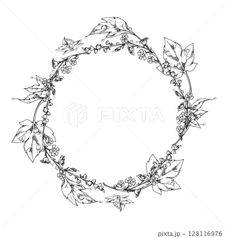 Green leaf, long cluster flower in water dew drops. Bush tree foliage hand drawn in vector ink, Currant gooseberry maple sycamore avens. Isolated wreath frame crown. Florist shop, eco herbal cosmetics 128116976