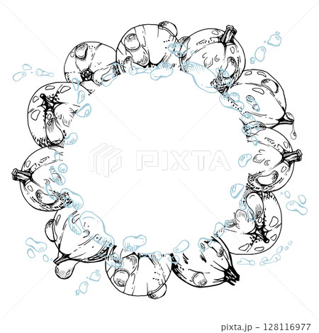 Currant gooseberry closeup in water splash with dew drops, ripe garden berry juneberry casseille jostaberry hand drawn in vector ink. Isolated wreath frame. Organic food drink, fresh grocery store 128116977