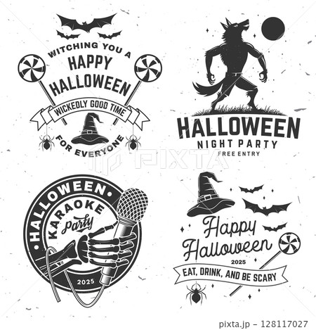 Set of Halloween is coming design. Vector illustration. For holiday Halloween design, shirt, logo, badge, decorations, cards, banner with werewolf, skull hand hold microphone, wizard hat, spiders 128117027