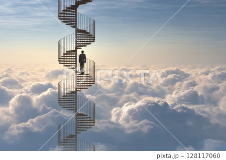 A man is standing on a spiral staircase in the clouds 128117060