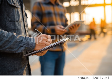 Builders Reviewing Printed Blueprint at Construction Site Detailing Project Development Progress 128117061