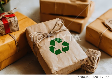 A brown box with a green recycle sign on it 128117062