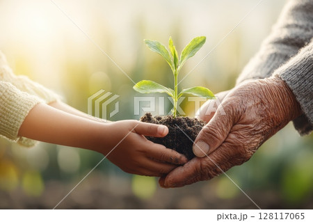A young child holds a plant in their hands while an older person holds a plant in their other hand. Concept of nurturing and care A young child holds a plant in their hands while an older person holds a plant in their other hand. Concept of nurturing and care 128117065
