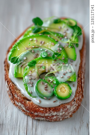 Avocado spread and microgreens are the key ingredients in these whole grain sandwiches 128117141