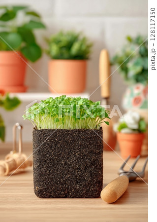A coconut shell filled with young microgreens, set against a background of plants in pots, serves as a representation of the gardening practice of growing microgreens at home, tied to vegetarian and A coconut shell filled with young microgreens, set against a background of plants in pots, serves as a representation of the gardening practice of growing microgreens at home, tied to vegetarian and 128117150