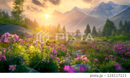 Landscape imagination beautiful mountain view from Fairy Meadows, Pakistan with colorful flowers in Summer morning light 128117221