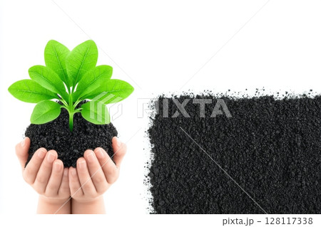 A fresh and appetizing microgreen is isolated on a white background and being grasped by a person's hands 128117338