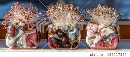 In the sunlight, sitting still with three pots of thriving microgreens 128117355