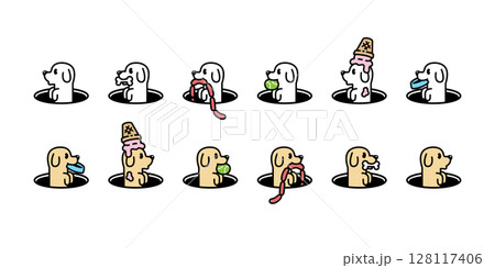 dog vector bone Beagle Golden Retriever icon hole cartoon character ice cream tennis ball food bowl sausage hotdog puppy pet doodle symbol illustration design isolated 128117406