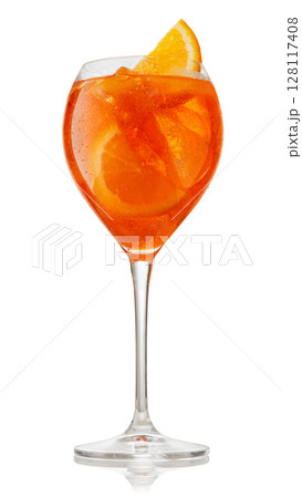 Glass of cold aperol spritz cocktail isolated on white with clipping path 128117408