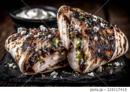 Authentic tacos, comprising glazed chicken, microgreens, and an assortment of vegetables, are depicted in a close-up, horizontal image 128117418