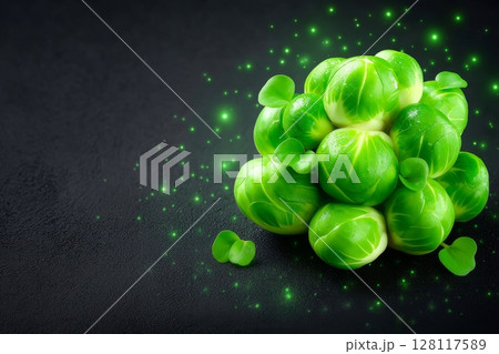 Healthy fresh radish sprouts, cabbage, raw radish microgreens, and green Brussels sprouts isolated on black background embody organic food 128117589