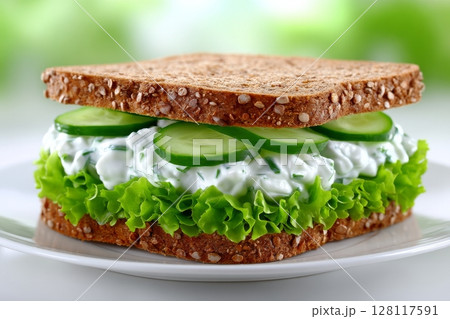 A vegetarian breakfast that is also diet-friendly can be achieved with a simple sandwich containing cucumber, lettuce, microgreen, and ricotta 128117591