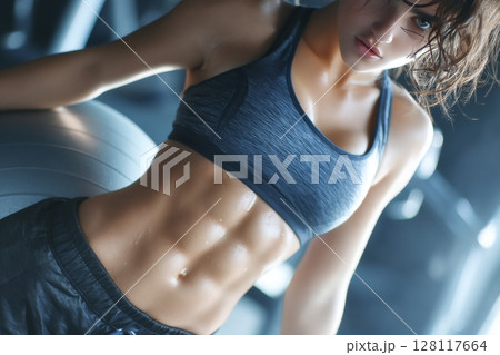Dedicated female athlete performing abdominal workout on exercise ball at gym 128117664